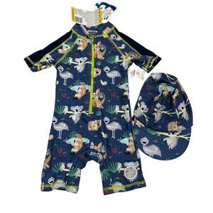 Bonverano Swimsuit Baby Boy 9-12 Month One Piece Rashguard W Sunhat UPF 50+